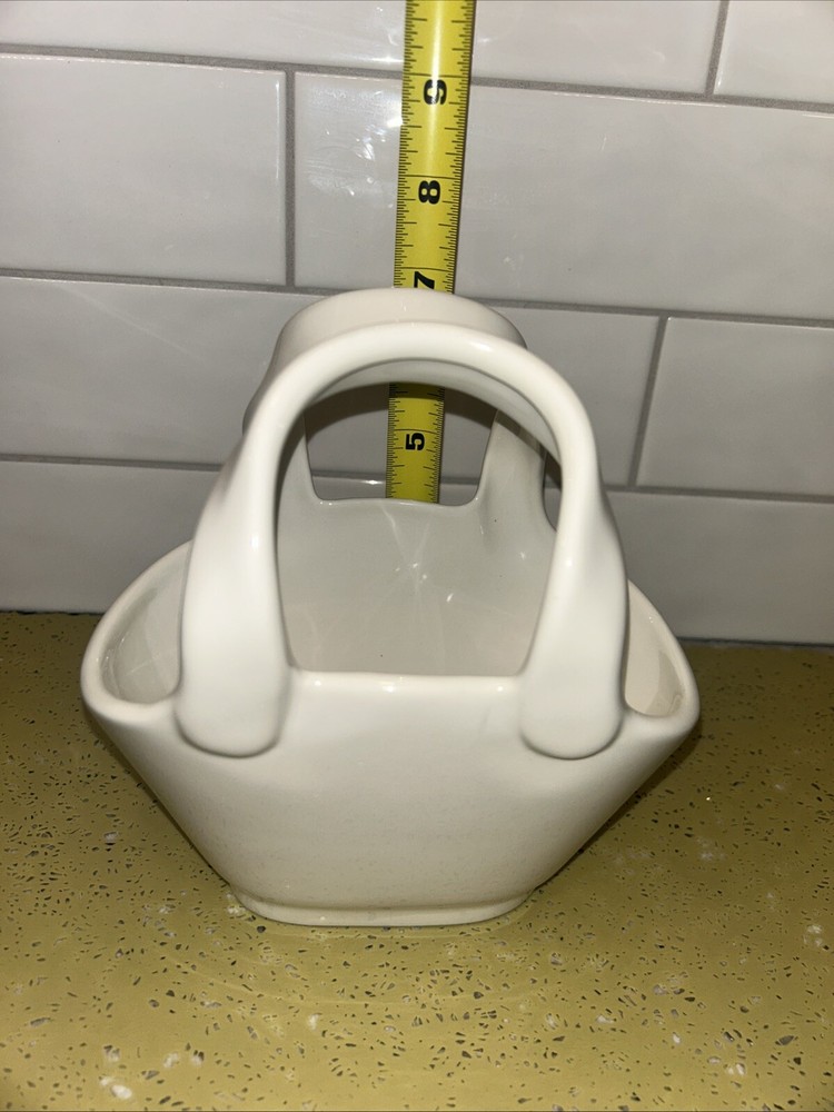 Pottery Barn Ceramic Basket 6.75" Ivory White Double Handle Easter Spring Summer