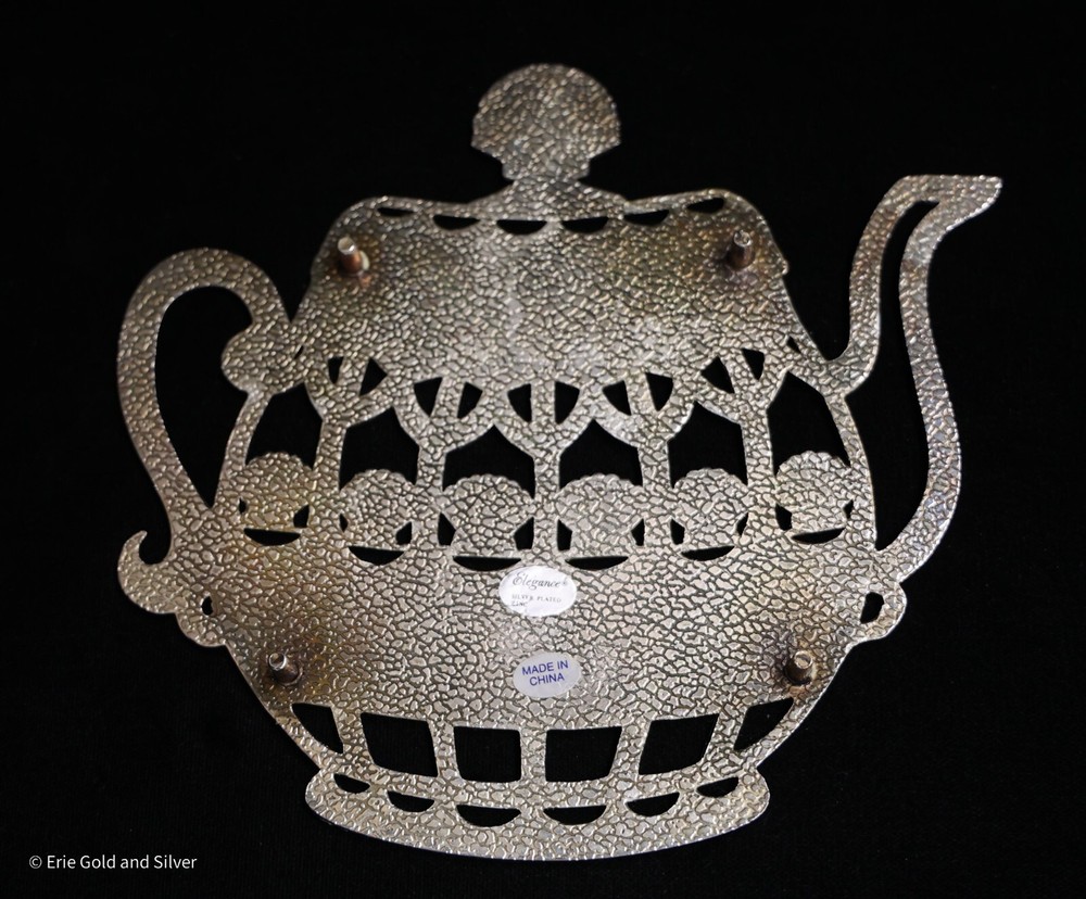 Vintage Silverplated Teapot Shaped Trivet with Seashell Pattern