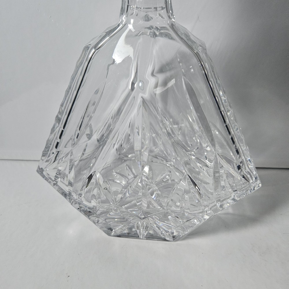 Vintage Block Cut Crystal Triangular Decanter & Stopper Olympic Pattern Heavy