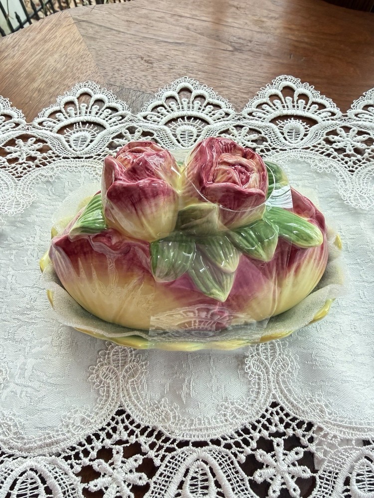Botanical Collection Corner Ruby Roses Flower Multicolor Butter Dish Ceramic NEW
