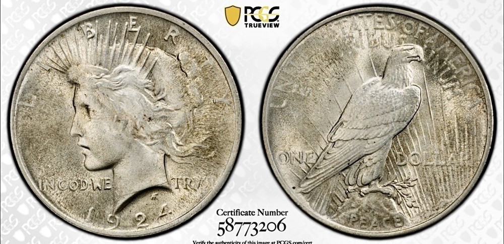 1924 PEACE DOLLAR PCGS MS65 GOLD SHIELD LABEL