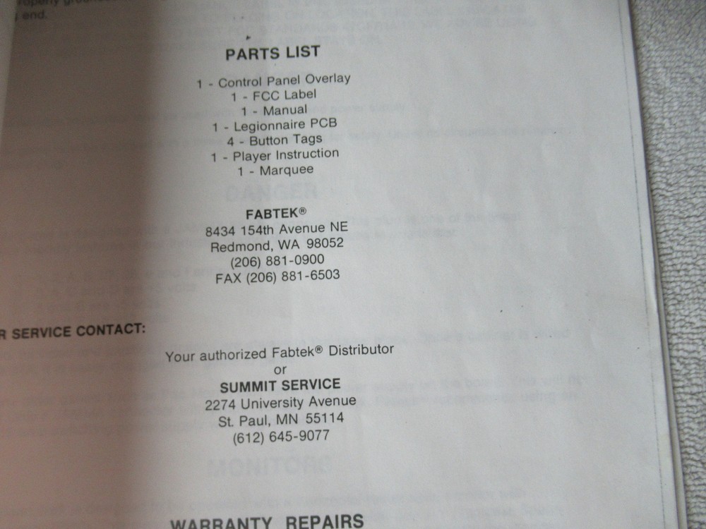 LEGIONAIRE FABTEK arcade video game manual