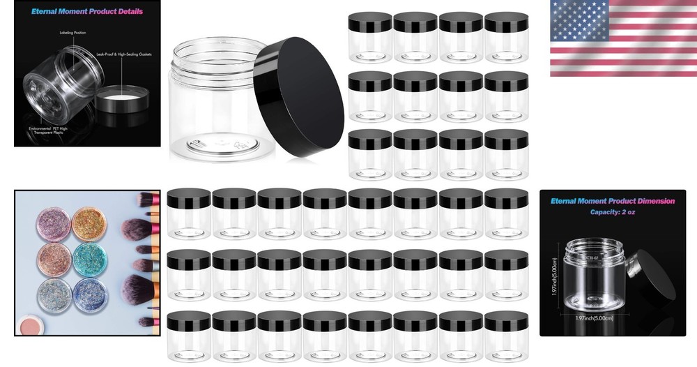 36 Pack 2 OZ Clear Plastic Jars with Black Lids - Leak Proof & Versatile Storage