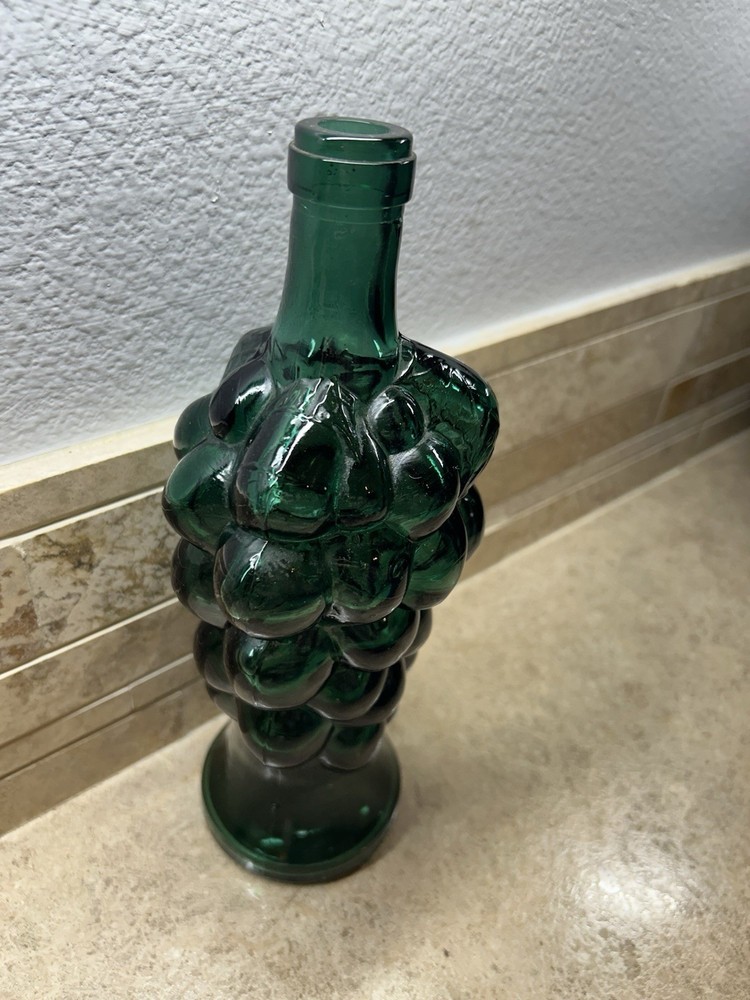 Vintage Green Glass Grape Design Decanter Bottle 10"