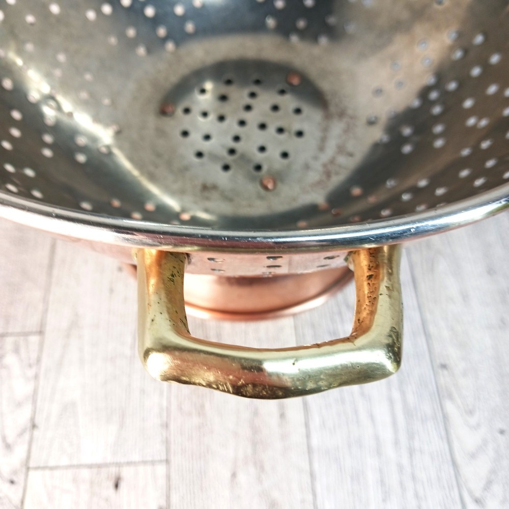 Vintage Copper Colander with Brass Handles 9” Tin-Lined Footed Strainer