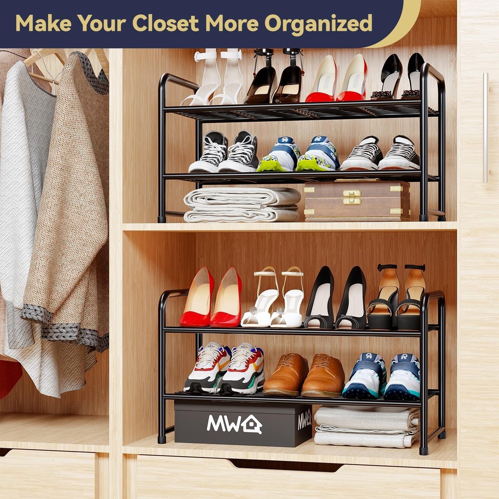 2 Tier Shoe Rack Organizer for Closet, Stackble, Black 2 Tier
