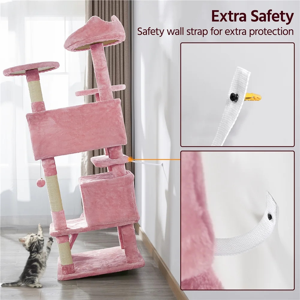 Cute Pink Cat Tree 54.5" Double Condo Tower Scratching Post Activity Center