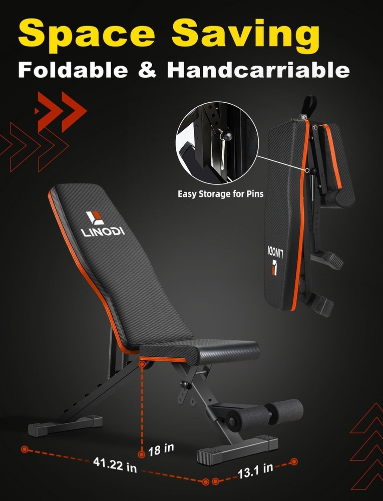 LINODI Adjustable Weight Bench for Home Gym，Foldable Incline Decline Flat