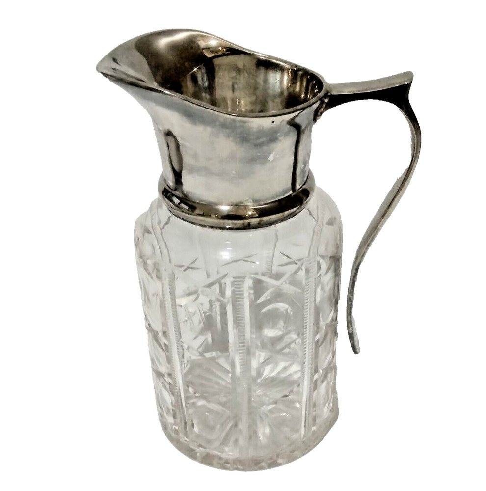 Mid Century Vintage Silver & Glass Pitcher  (Silver Plate & Patterned Glass)
