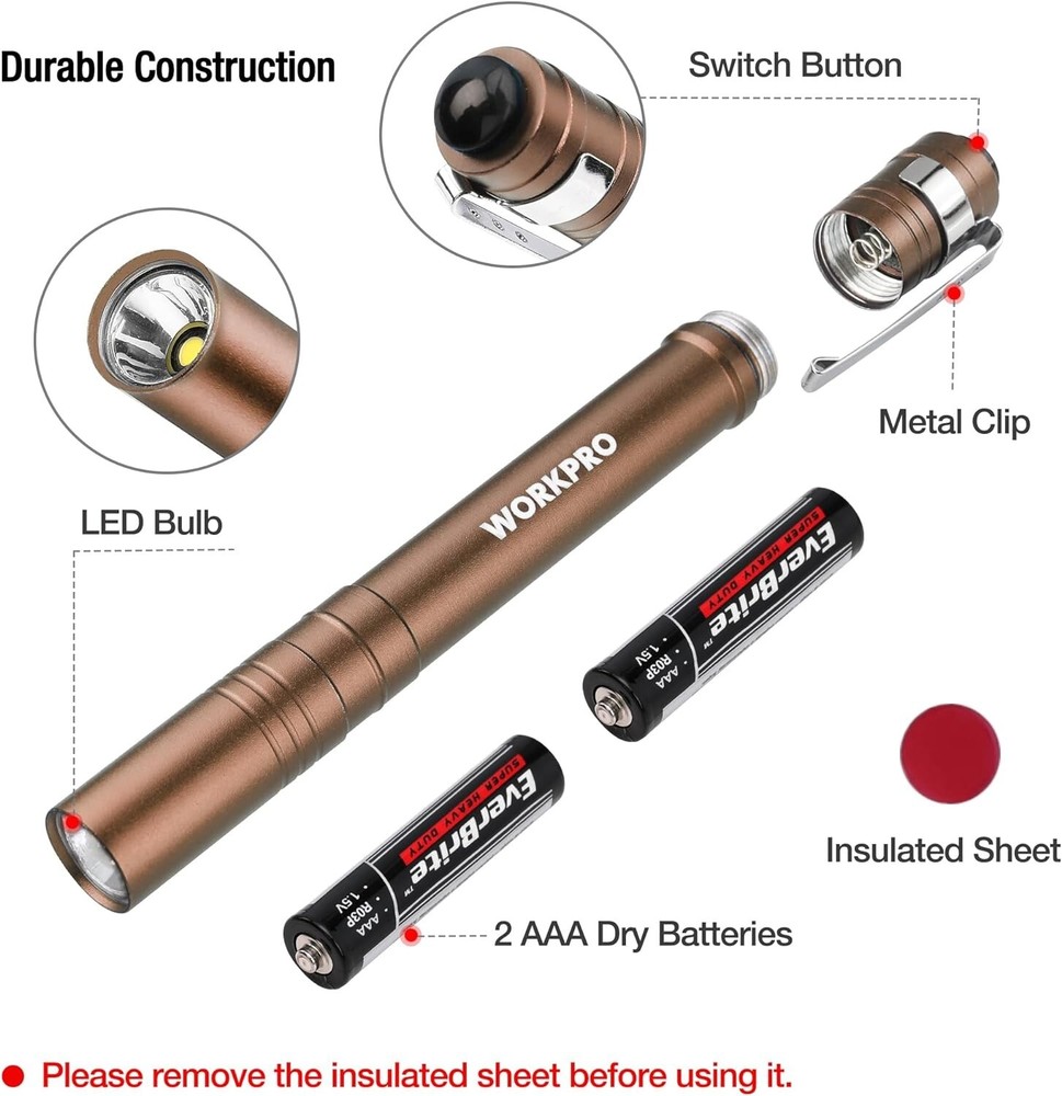 WORKPRO LED Pen Light 4-Pack Aluminum Pocket Light Pen Flashlight 8AAA Batteries