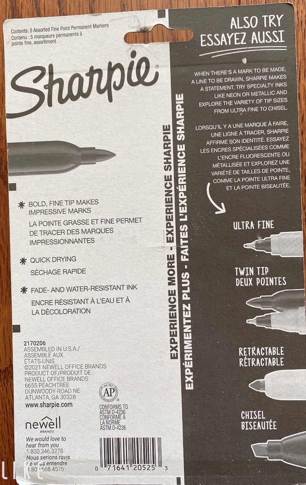 Sharpie Permanent Markers, Fine Point, Assorted Colors, 5 Count