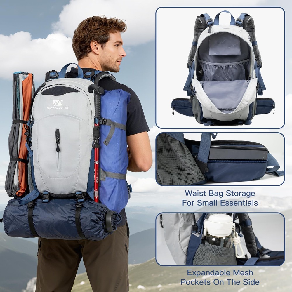 Hiking Backpack, 40L Waterproof Camping Backpack with Packable Back Panel & R...