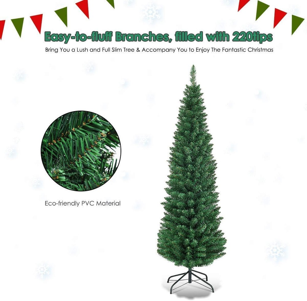 , Green Artificial Pencil Christmas, Premium Hinged Pine Tree with Solid Meta...