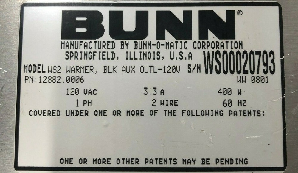 BUNN-O-MATIC HOT PLATE WS-2 Double Warrmer