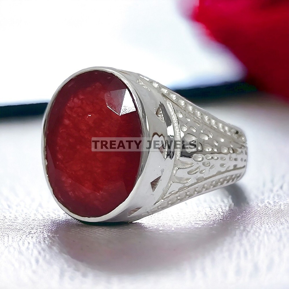 Ruby Oval Cut Gemstone With 14K Solid White Gold Ring For Men's #A20