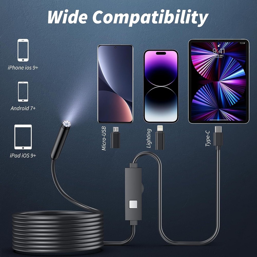 Endoscope Camera with Light, 1920P HD Borescope Tools with 8 Adjustable LED