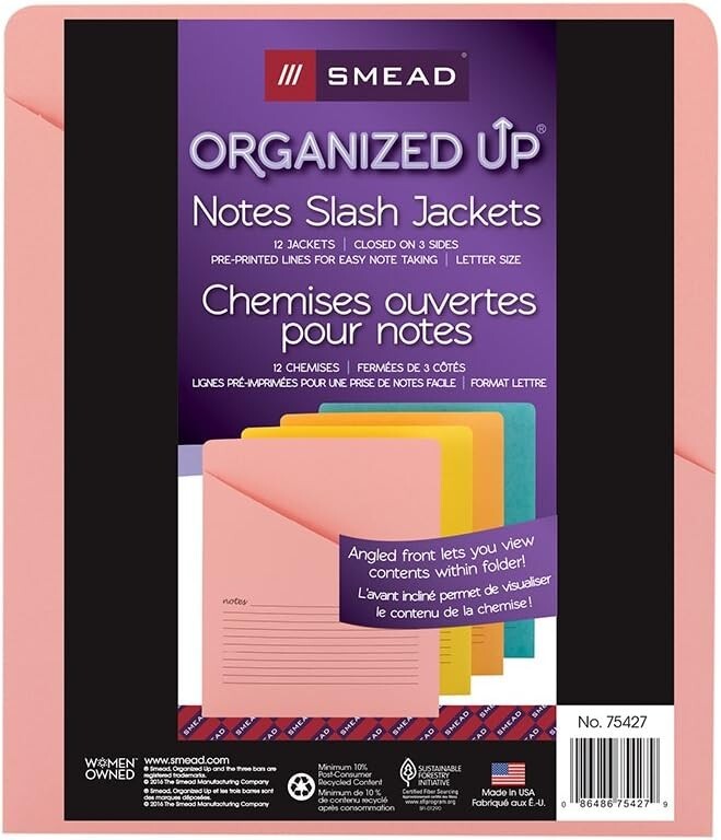 Organized Up Notes Slash File Jacket Letter Size Assorted Colors 12 Per Pack