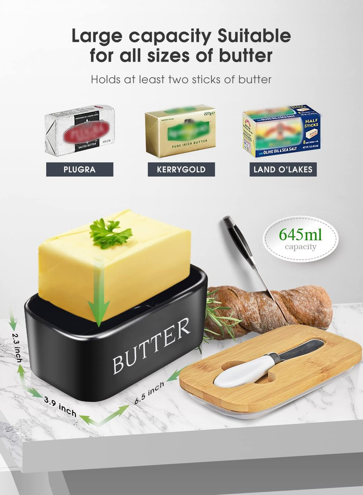Ceramic Butter Dish with Lid, Large Butter Keeper Container Kitchen Decor Black
