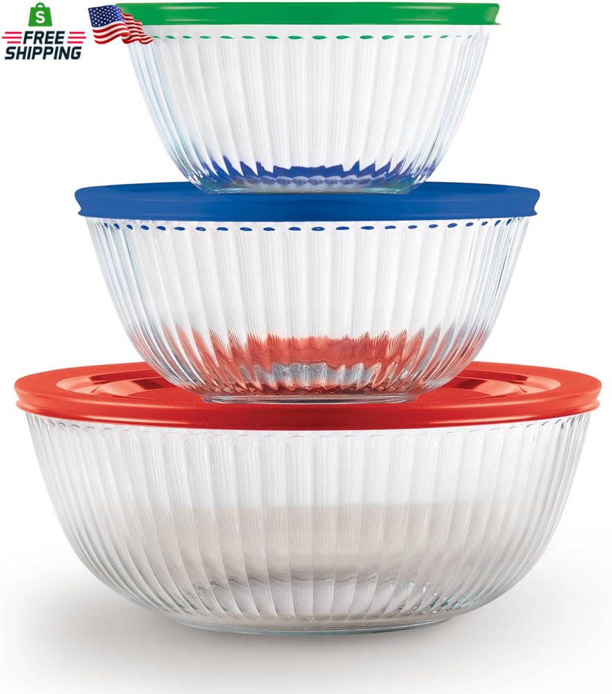 Pyrex Sculpted (3-Pack) Glass Mixing Bowls Set with Plastic Lids for Prepping, B