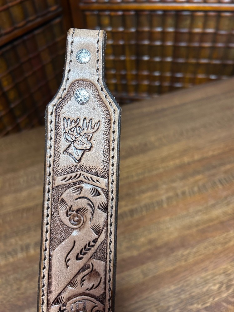 Rifle Sling Hand Tooled (Prison Made) Leather Western Design w/ Deer Adjustable