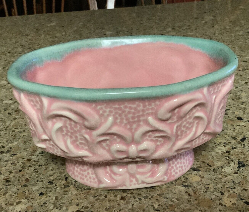 Vintage Pink Blue Rim Pottery Planter