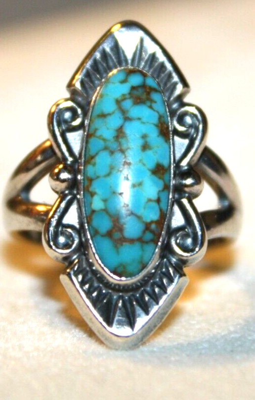 STERLING SILVER GORGEOUS MATRIX TURQUOISE SCROLL RING SIZE 5.75 BELL POST STYLE