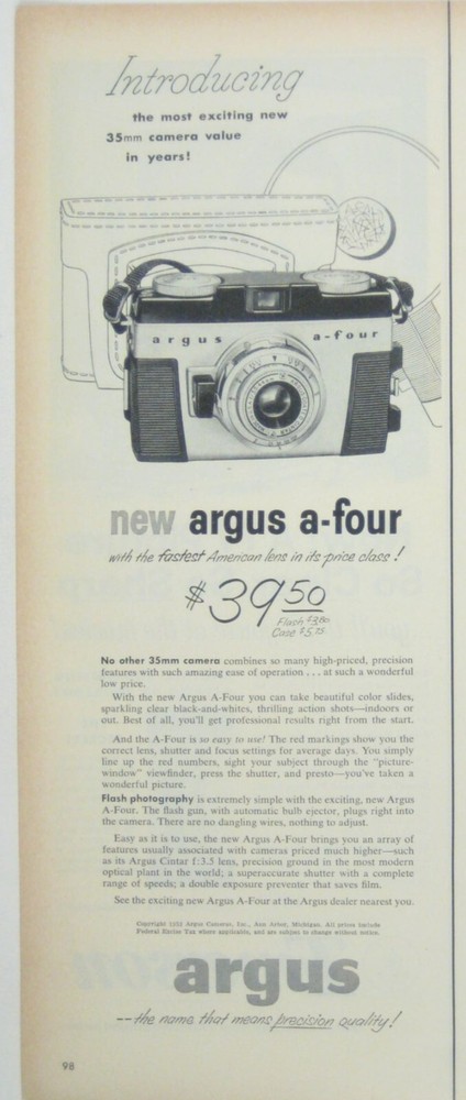 Argus A-Four 35mm Camera High Precision Compact MOD Print AD 1953