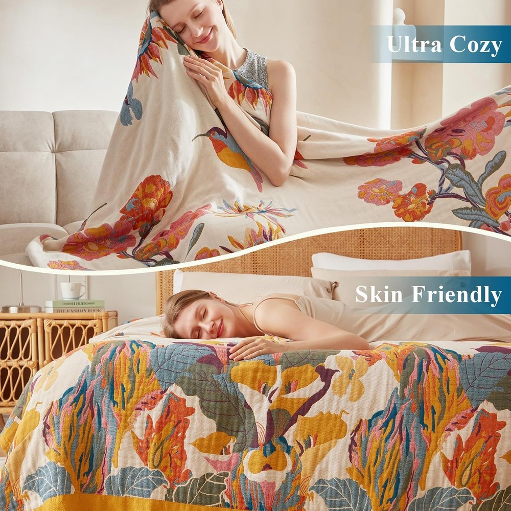 Boho Throw Blanket 100% Cotton Soft Throw Blanket Bed 90"x90" Reversible