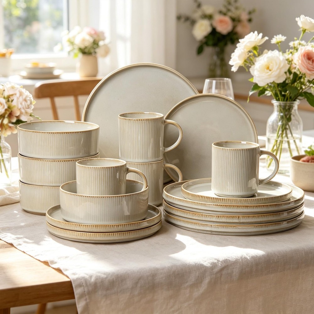 Ceramic Dinnerware 16 Pieces Dinner Set，10.6in Stoneware Plates and Bowls Set...