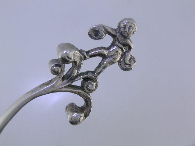 Old Silver MONKEY or TEA CADDY SPOON w/ figural handle scroll bowl ~hallmarked