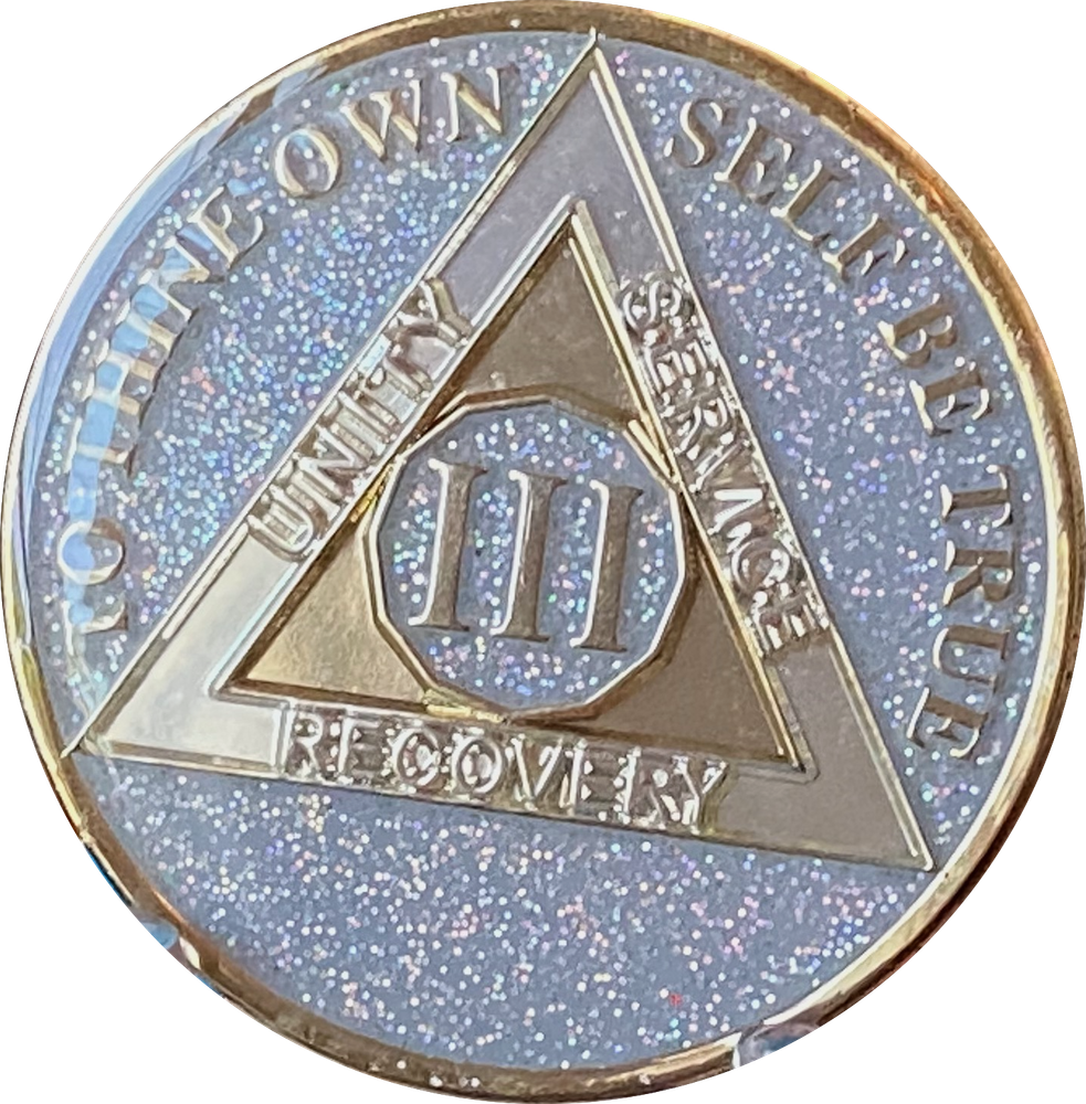 3 Year AA Medallion Opal Silver Glitter Tri-Plate Sobriety Chip