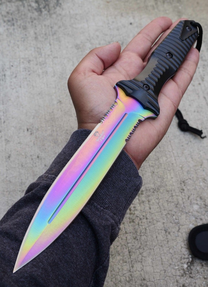 13” Fixed Blade Knife Rainbow Spear Double Edge Full Tang Sharp Spear Point