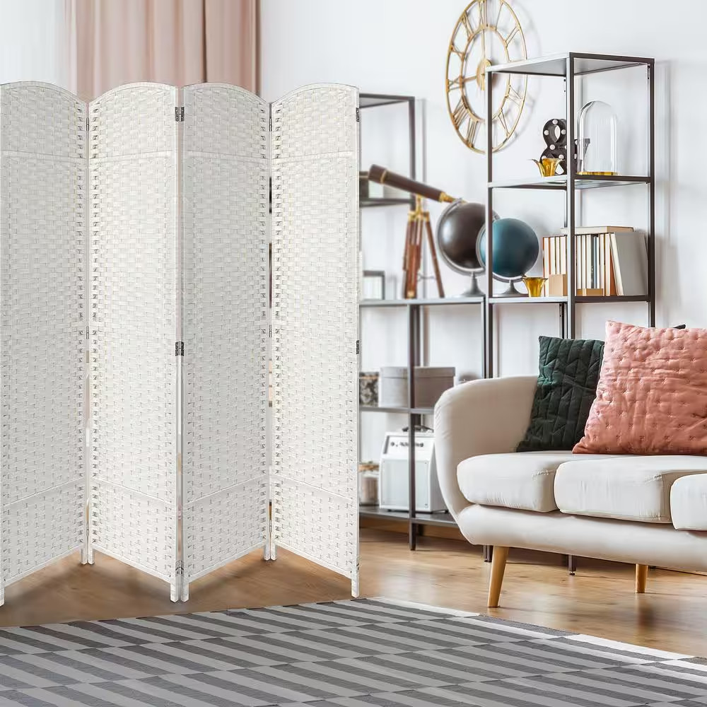 White 8 Panel 6 Ft. Tall Double Hinged Foldable Panel Room Divider