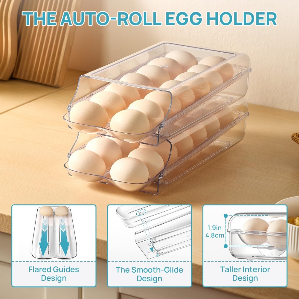 Clear Plastic Egg Holder for Fridge, Automatic Rolling Egg Container for Refr...