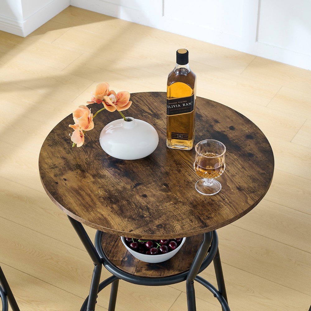 36" Round Bar Table & Upholstered Stool Set with Shelf, Rustic Brown