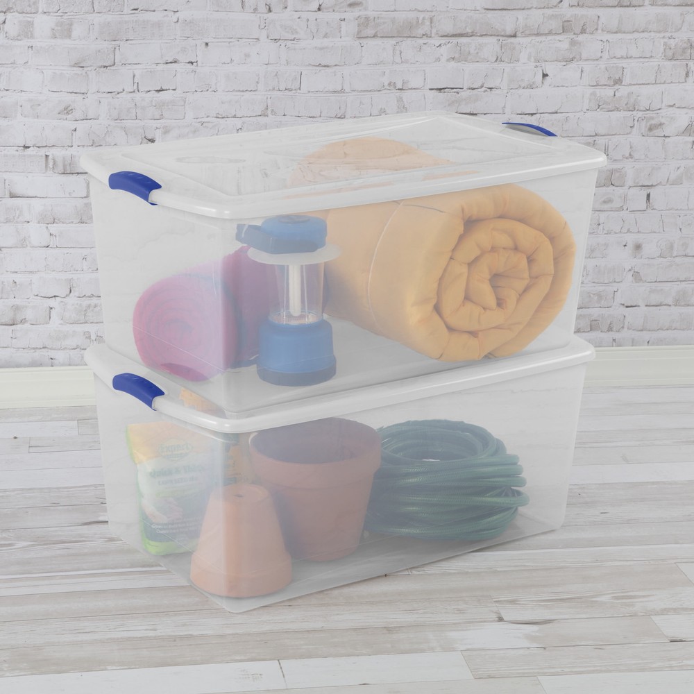 Large Storage Bin, 105 Quart Clear Plastic Storage Bin with Latch Lid,Blue 4pack