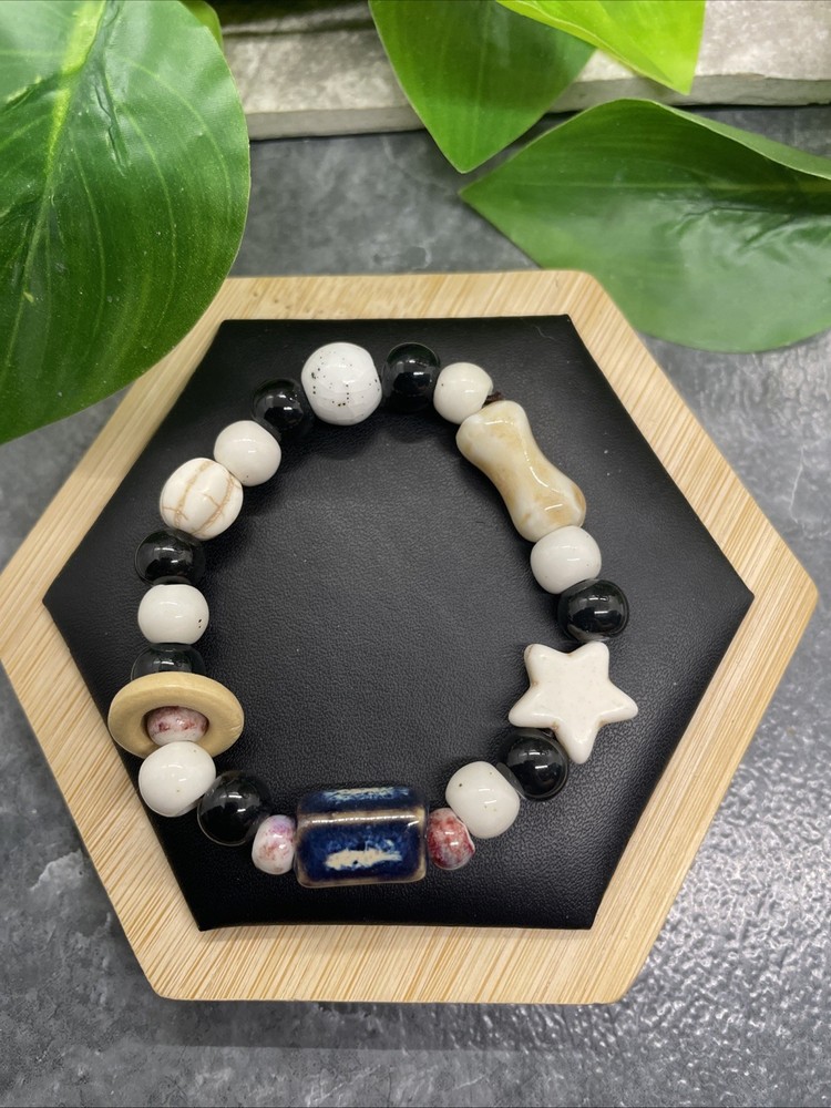 Handmade Ceramic Bead Beaded Stackable 6.25” Plus Stretch Bracelet New B323