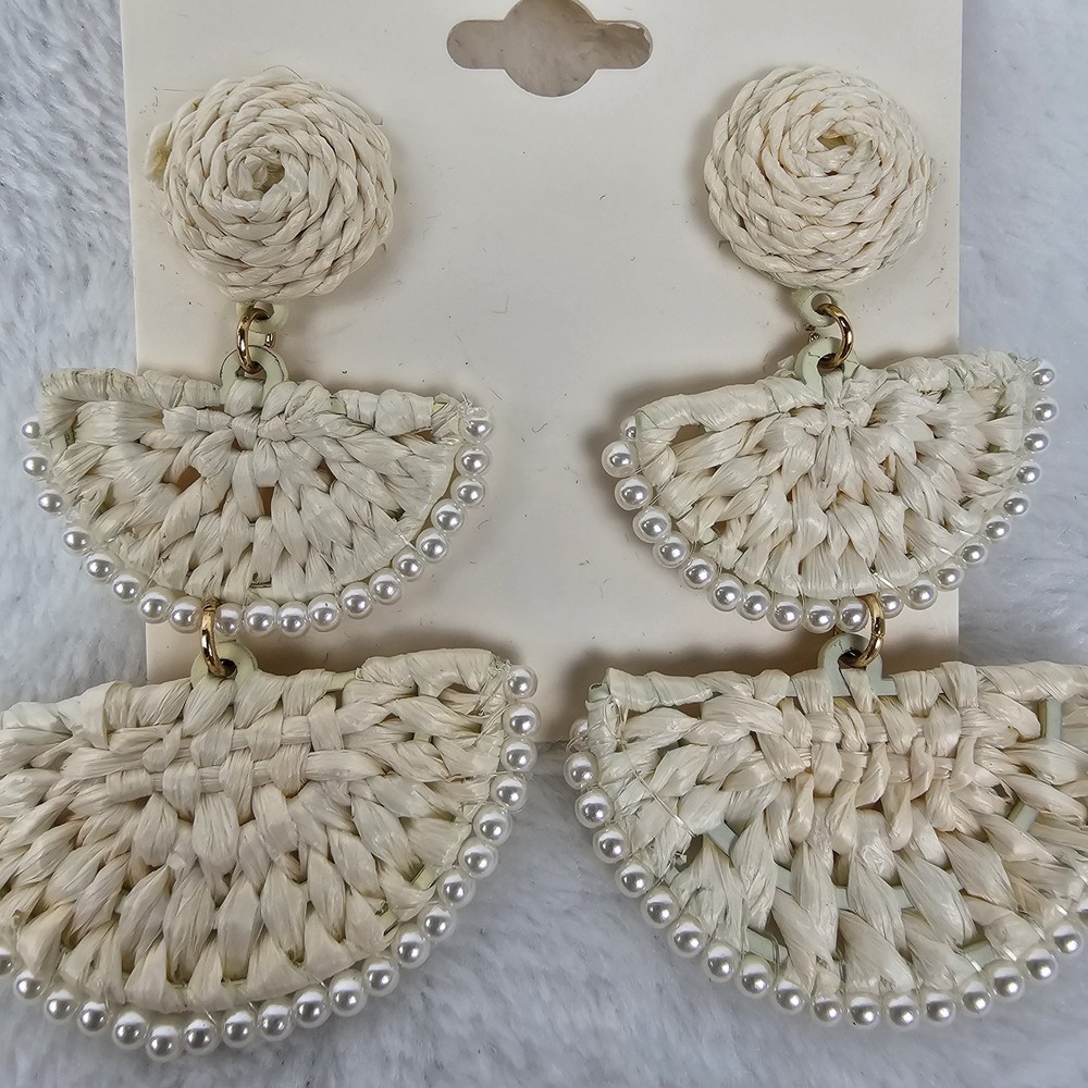 On 34th White Woven Statement Earrings Boho Raffia Beaded