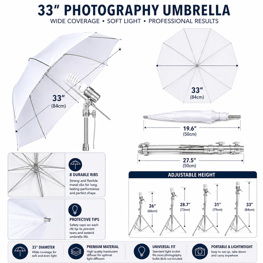 Photography Umbrella 33" Soft Light Diffuser Studio Flash Reflector White