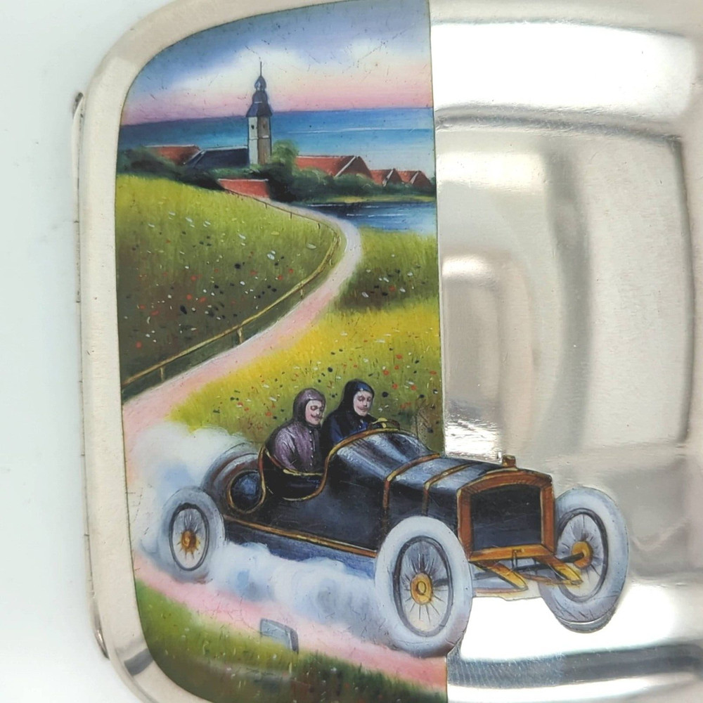 Silver and Enamel Cigarette Case with Unique Automobile Motif