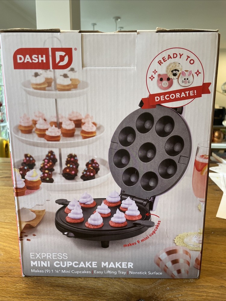 Express Mini Cupcake Maker Dash Easy Lifting Tray Non Stick Surface Makes 9