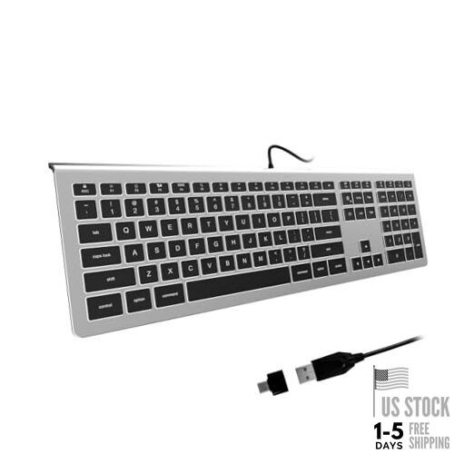 USB Wired Keyboard with White Backlight, Keyboard for Mac Silver Grey