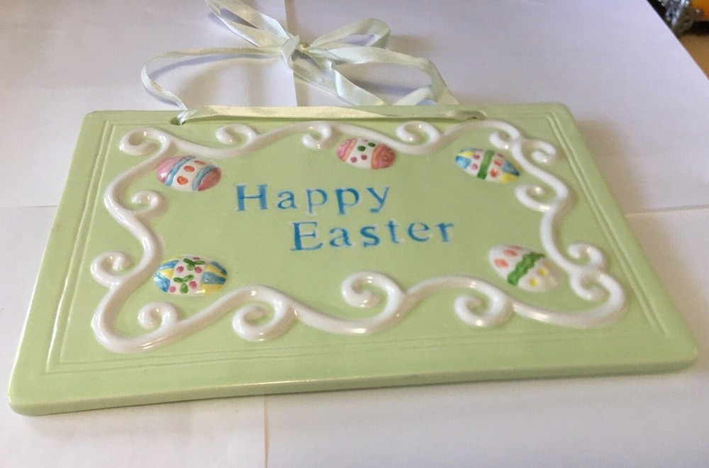 Ceramic Happy Easter Wall Decoration Sign Plaque Easter Eggs Ribbon Hangar