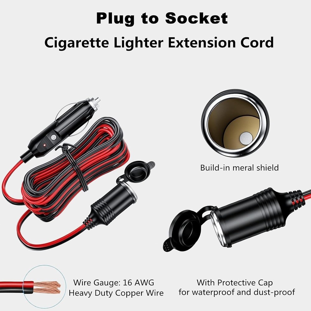 13 ft Car Cigarette Lighter Socket Extension Cord Cable Heavey Duty Adapter 12V