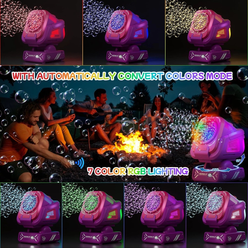 Bubble Machine with Remote Control, Automatic Rotation RGB Lights, 1800mAh