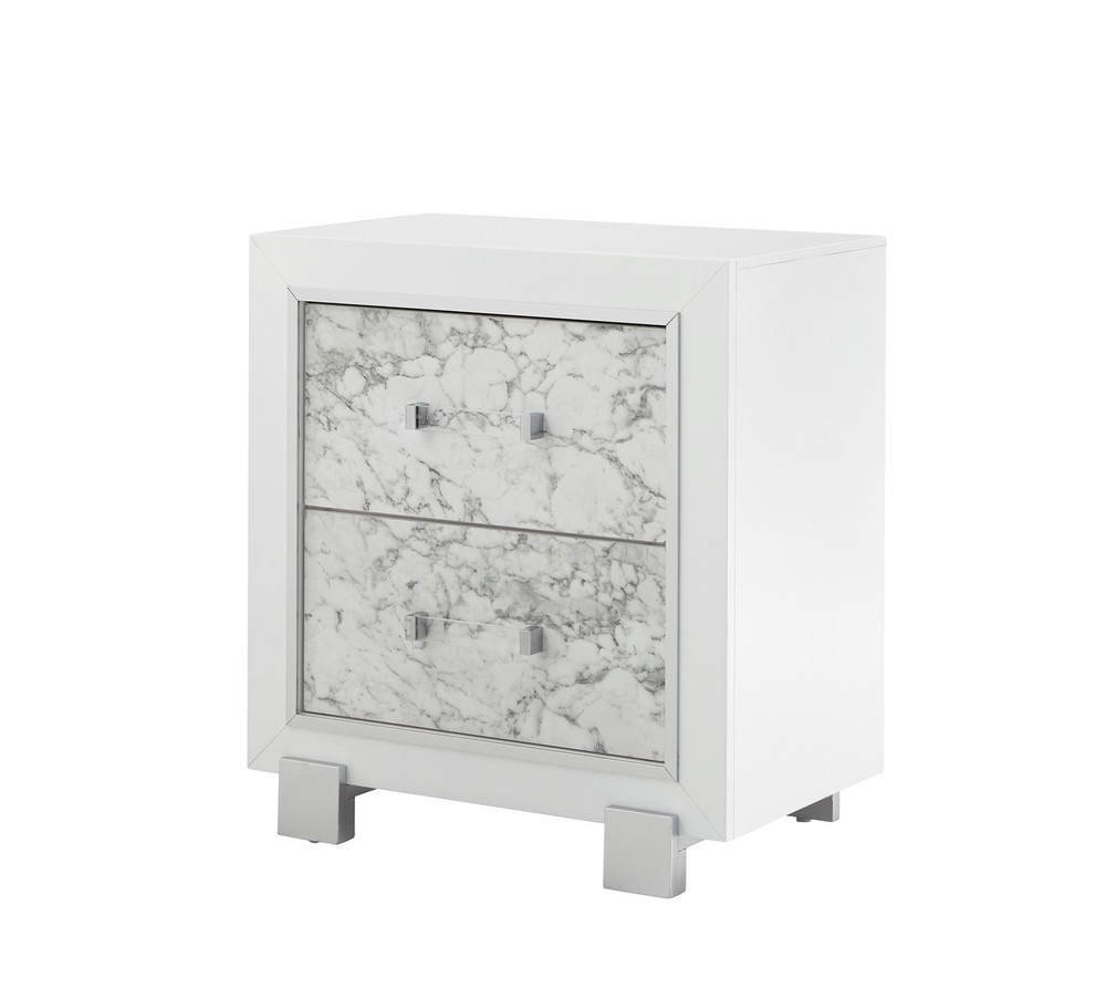 White Marble Nightstand Modern, 2 Spacious Drawers, Solid Wood + MDF​