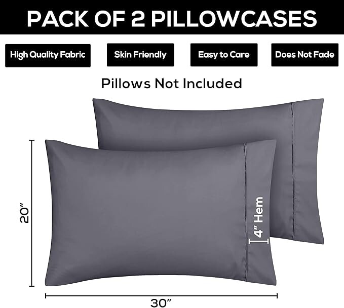 Queen Pillow Cases Set of 2 - Dark Grey Polyester Microfiber Pillowcase 2 Pack,
