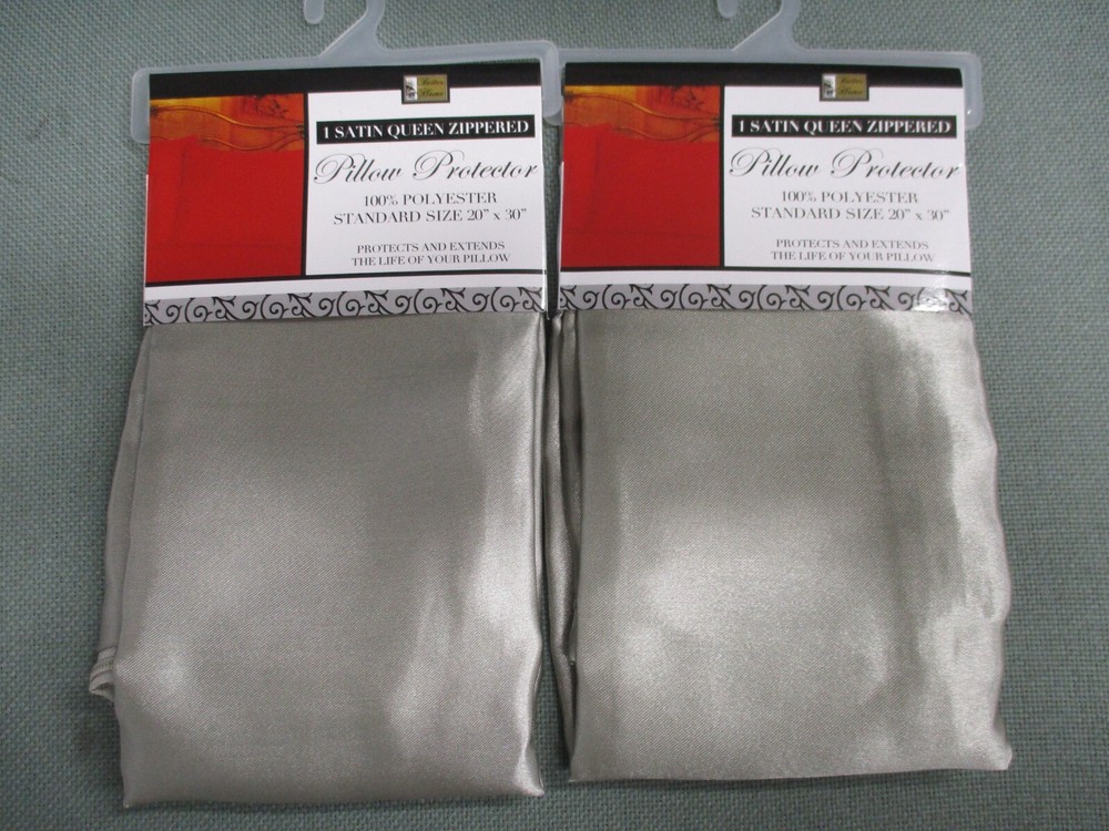 2 EACH Satin Pillow Protector Zippered Pillowcase Pair SILVER Better Home NEW