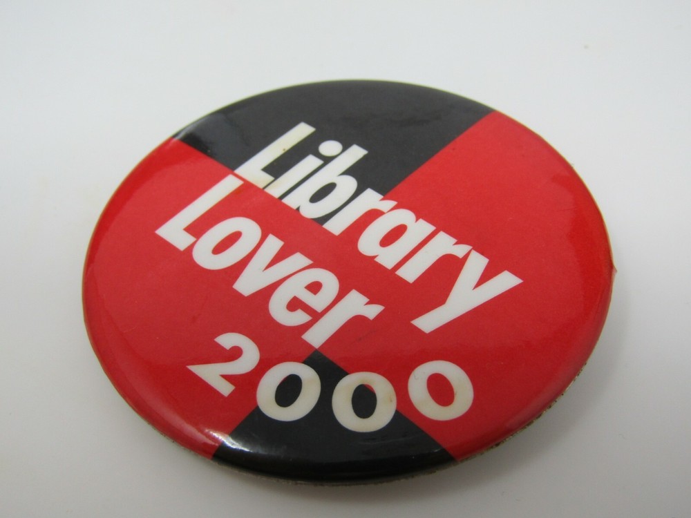 Vintage 2000 Library Lover Pinback Button Red Black Checkered Slogan Reading Y2K