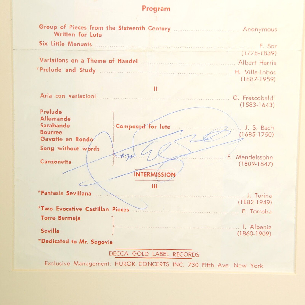 Andres Segovia Guitarist Signed Autograph Performance Program & Ticket Stub 1968